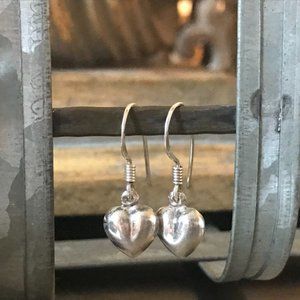 Sterling Silver Puffed Heart Drop Earrings with French Wire Back